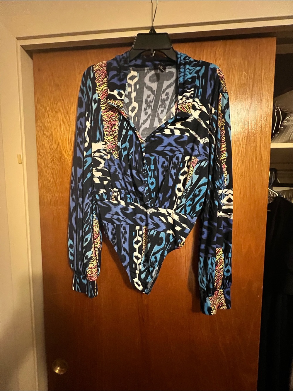 Abstract Blue Patterned Wrap-Front Women's Top with matching pants